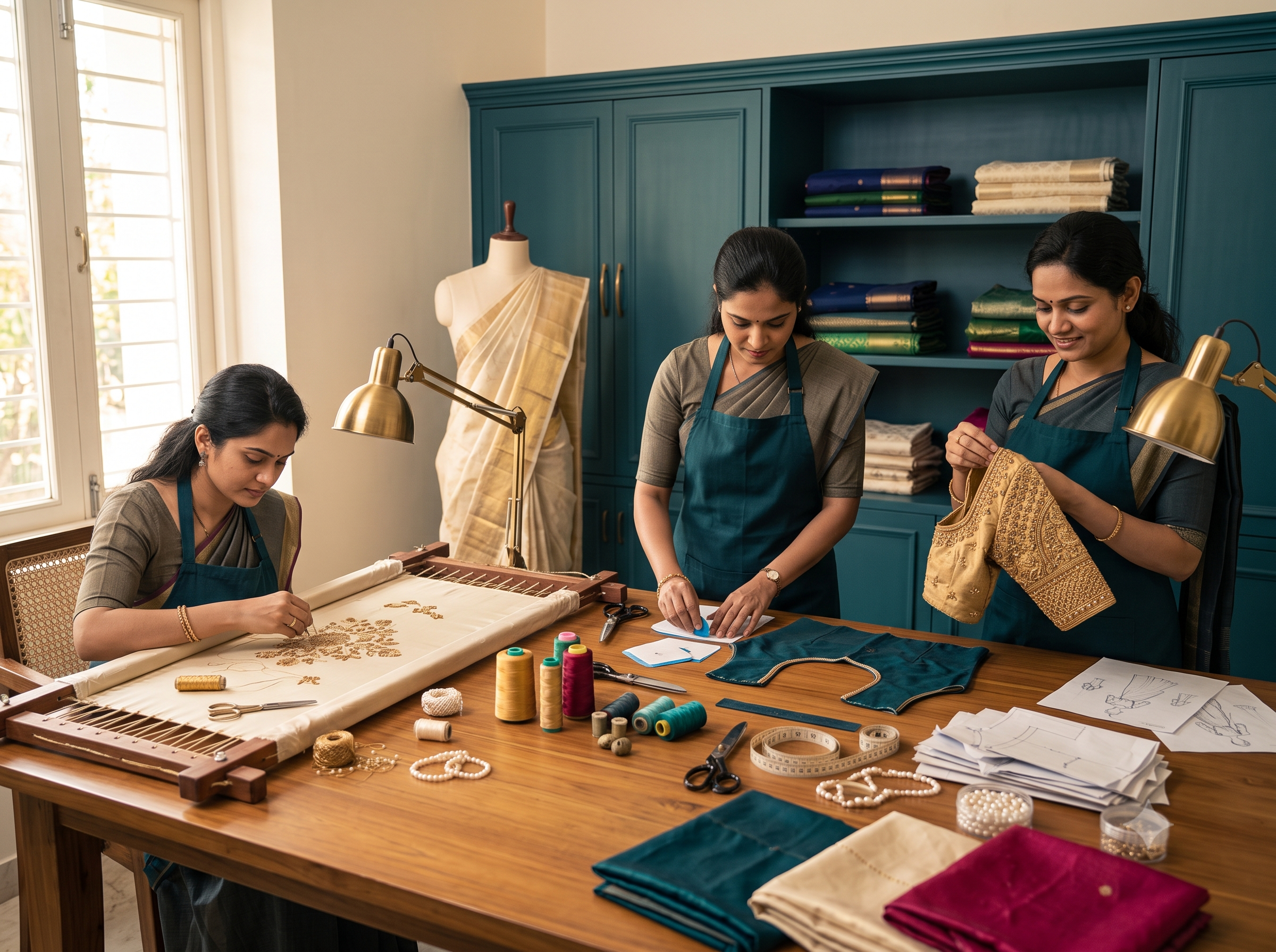 Tailorade artisans cutting patterns and hand-embroidering a bespoke blouse in the atelier
