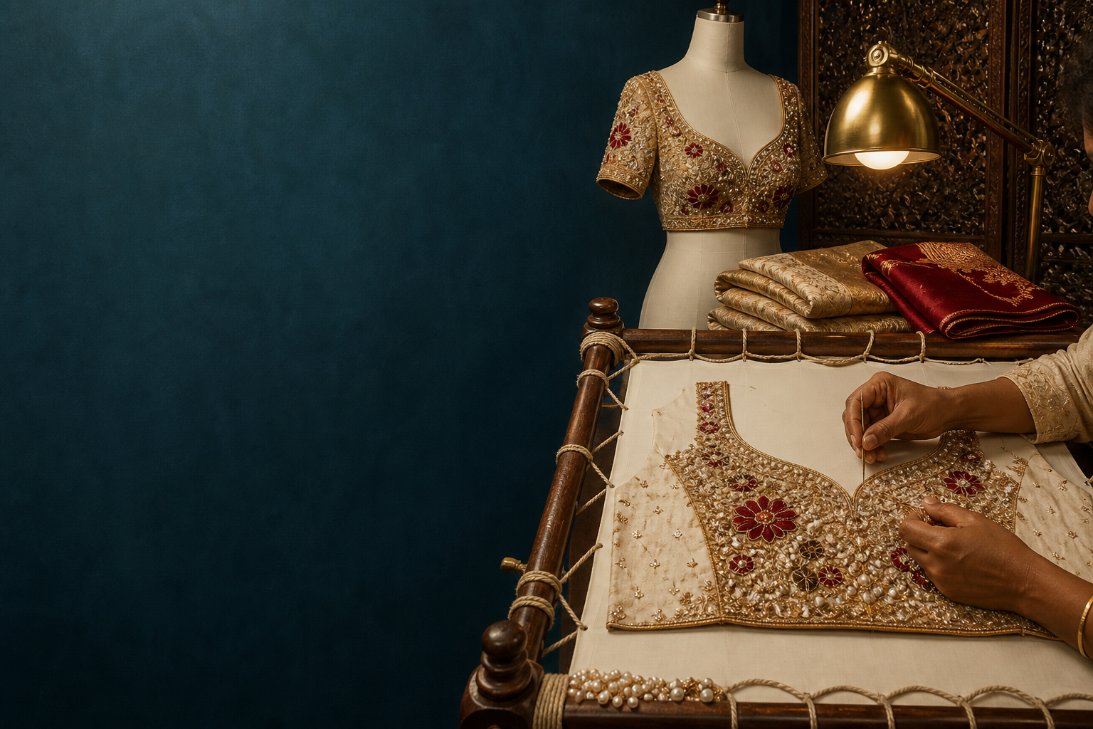 Tailorade artisan hand-embroidering an ivory bridal blouse on an adda frame