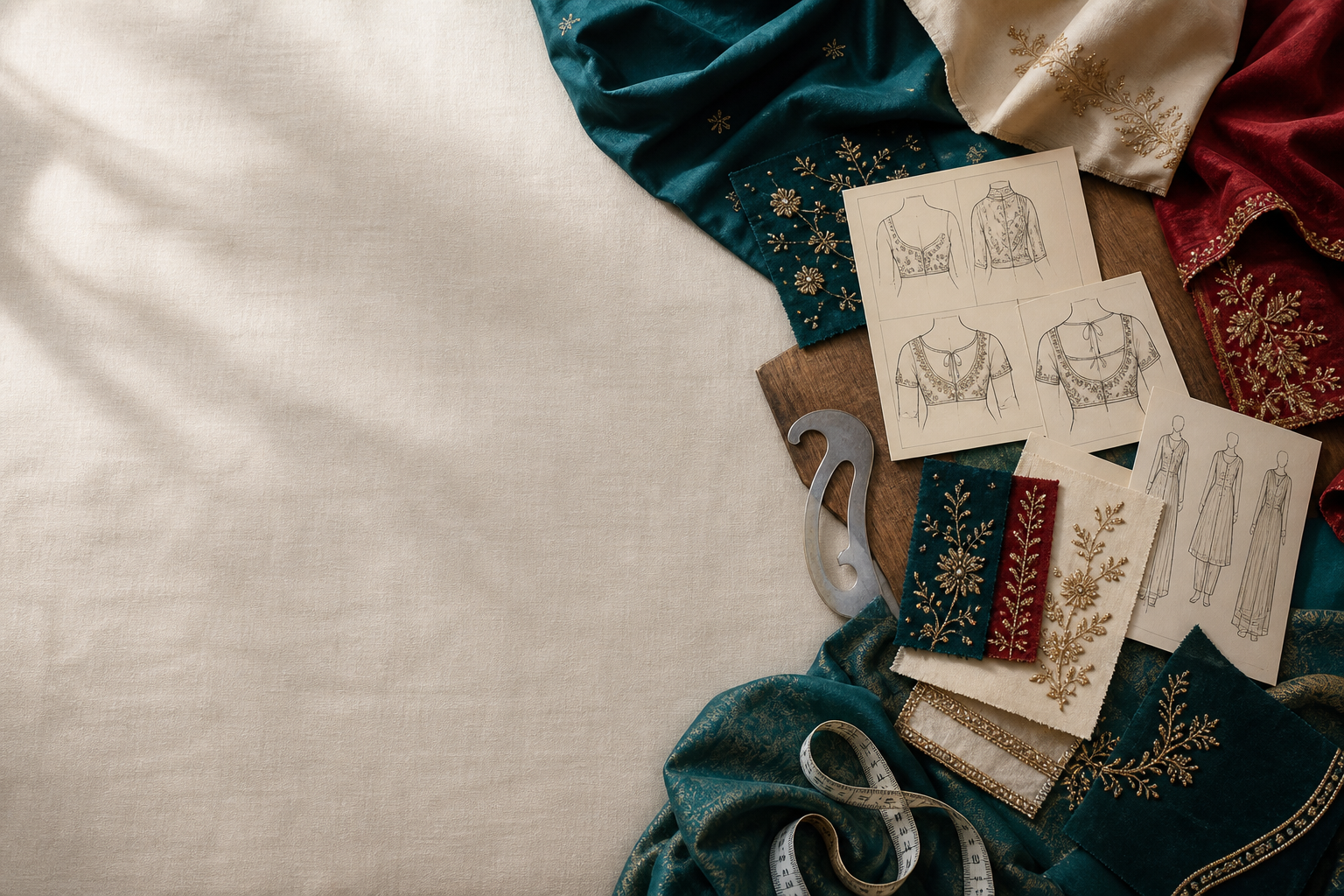 Blouse patterns, embroidery samples and silk fabrics for a Tailorade custom design