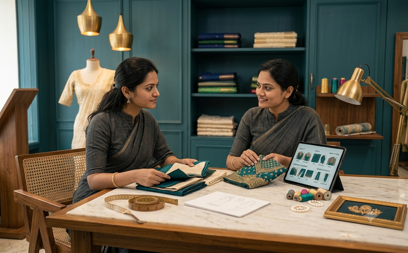 Tailorade designer presenting silk swatches and digital blouse options to a customer