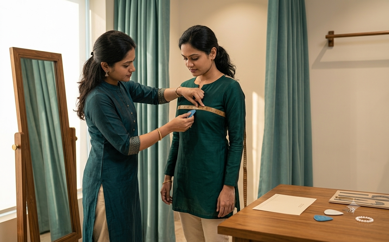 Tailor taking precise measurements for a custom saree blouse at Tailorade