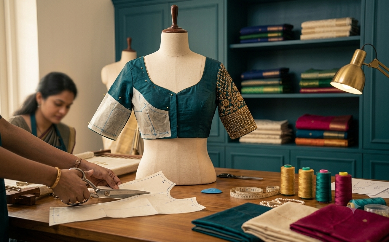 Custom dark teal blouse being cut, stitched and embroidered in the Tailorade studio