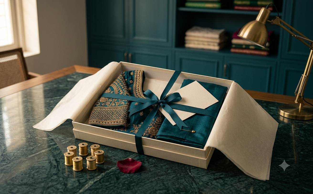 Custom blouse and salwar packaged for Tailorade's seven-day delivery