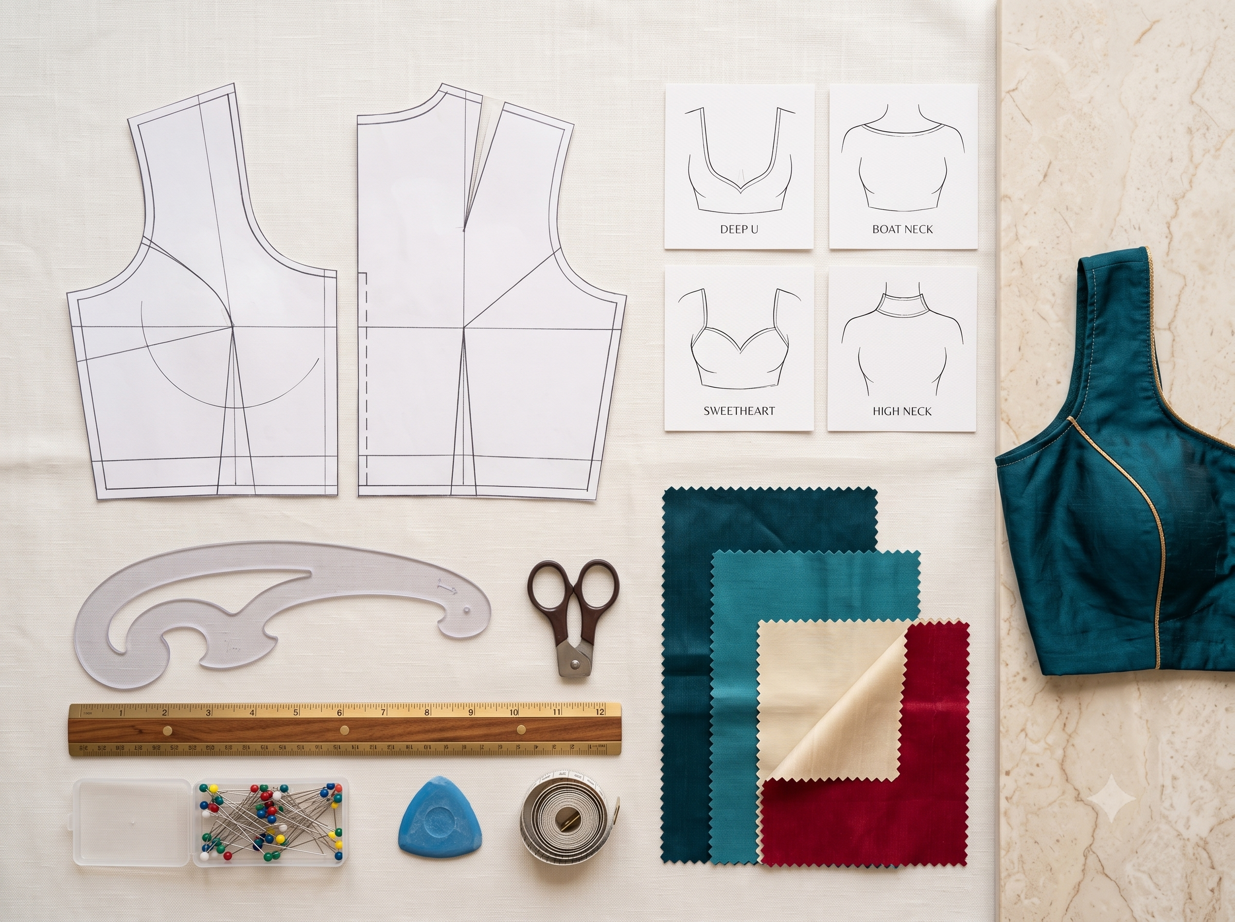 Tailorade blouse pattern catalog with neckline, sleeve and back-design options