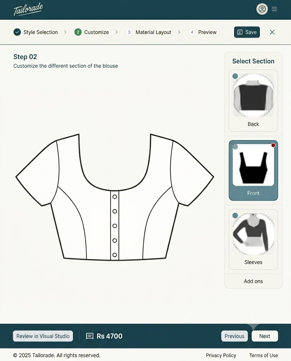 Tailorade Pattern Blouse Designer interface for customising blouse front, back and sleeves