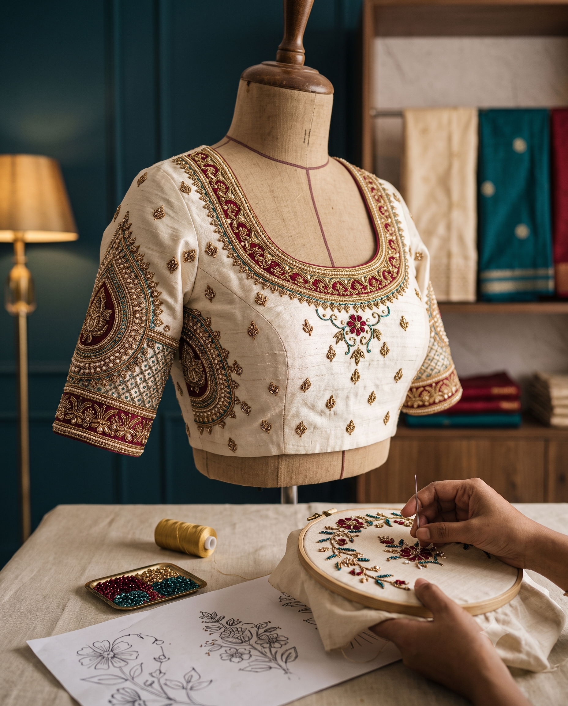 Ivory bridal blouse with handcrafted aari and zardosi embroidery by Tailorade artisans