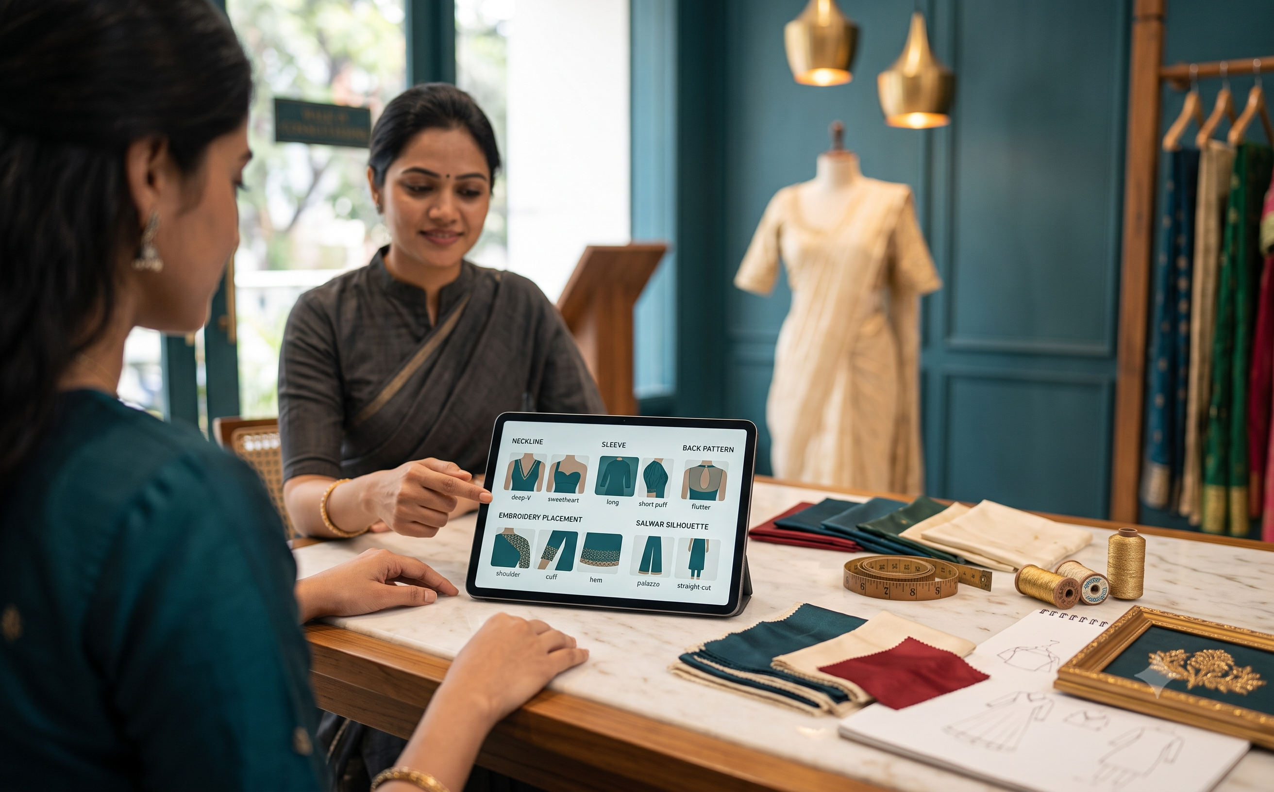 Tailorade designer helping a customer customise blouse patterns and fabrics on a tablet