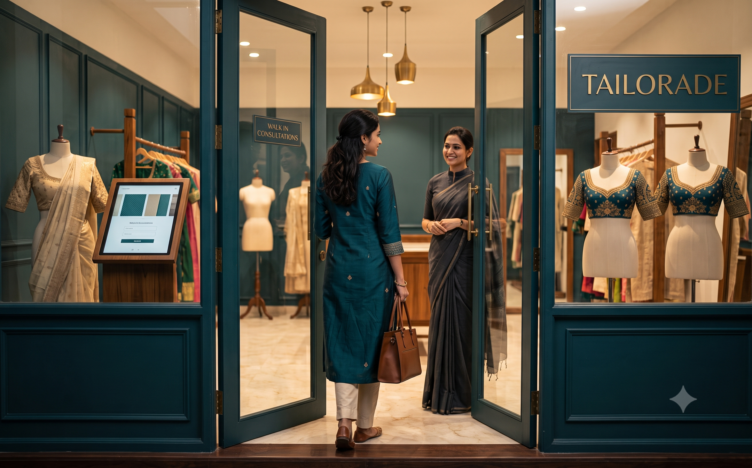 Customer arriving at the Tailorade phygital boutique for a custom blouse consultation