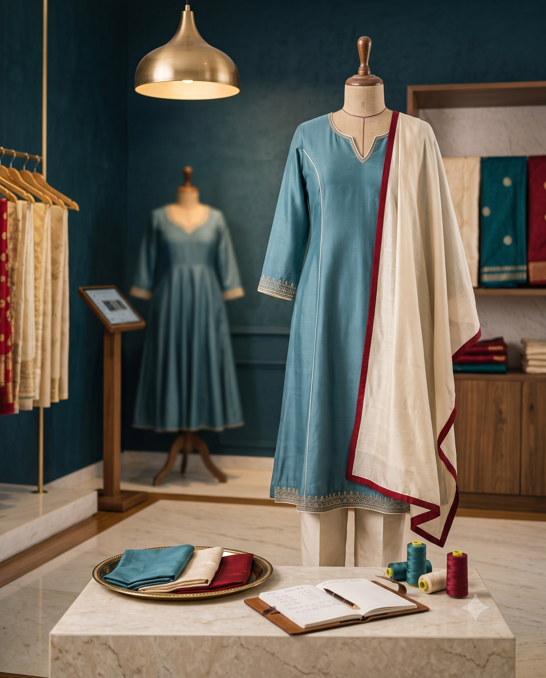 Made-to-measure teal salwar suit with cream dupatta from the Tailorade collection