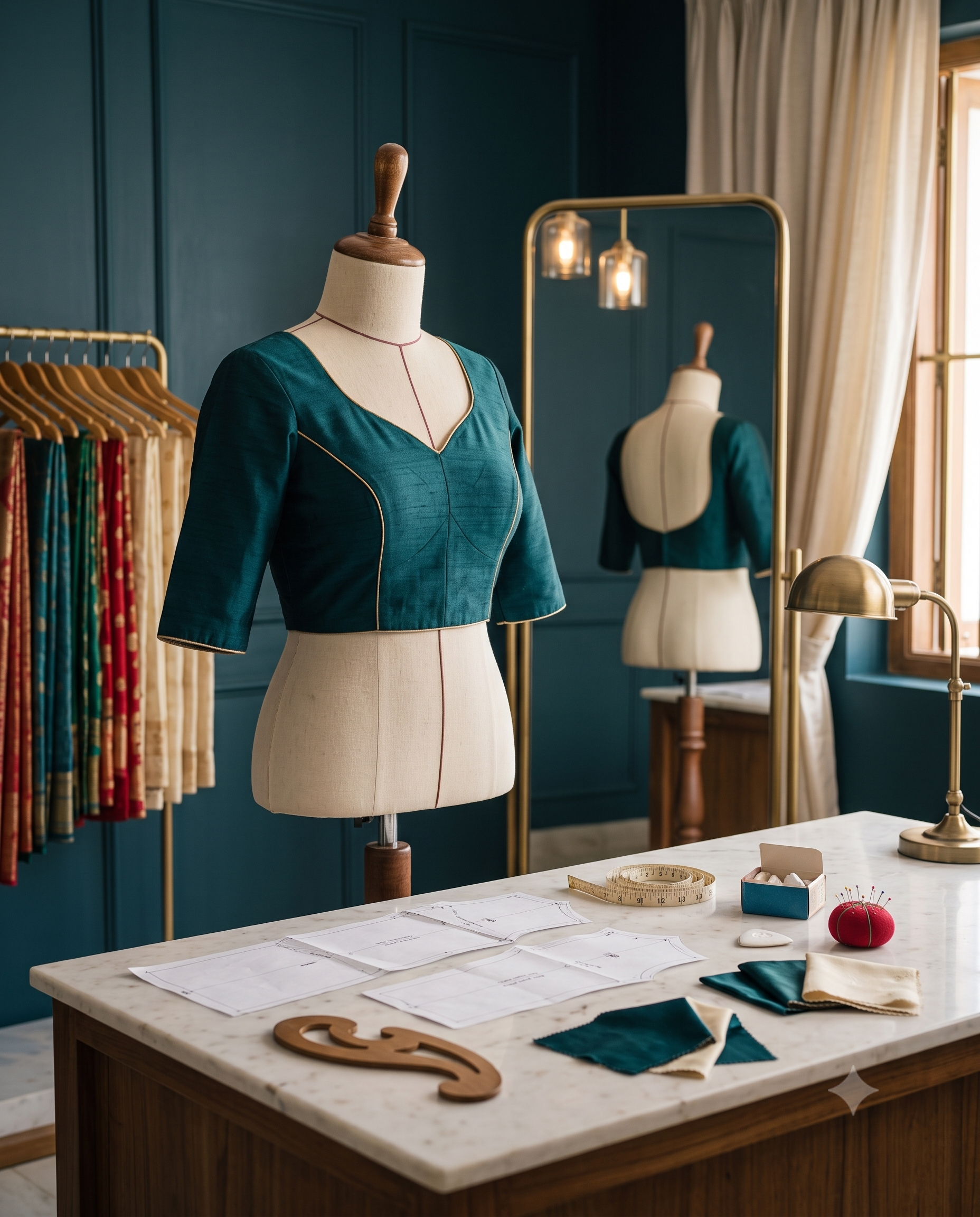 Dark teal signature saree blouse with a custom neckline and precision pattern tailoring